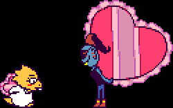 Alphys holding a small valentine's gift, Undyne holding an incredibly large valentine's gift
