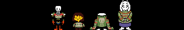 Toriel, Sans, Frisk, and Papyrus are wearing christmas sweaters. However, the sizes are switched. Papyrus is wearing Frisk's, Frisk is wearing Sans's, and Sans is wearing Papyrus's.