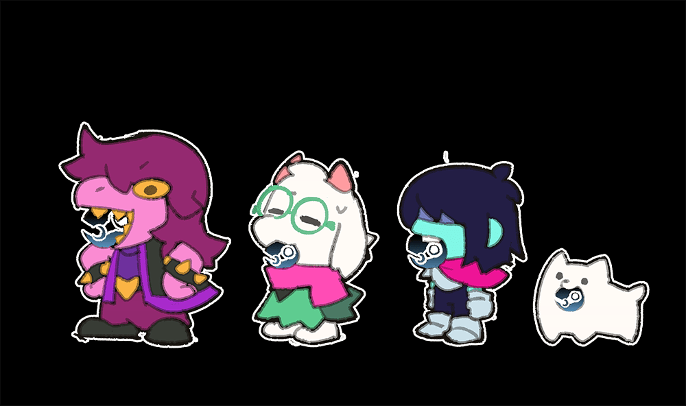 Illustration of the DELTARUNE cast chomping on Steam logos