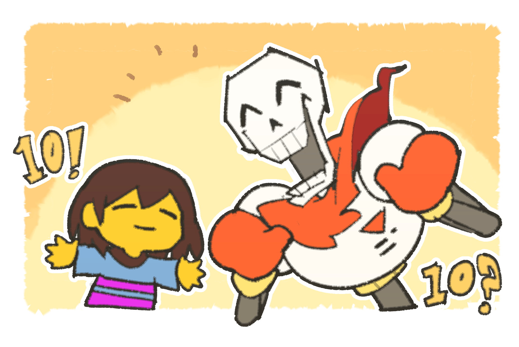 Papyrus and human celebrating, saying '10!' and '10?' respectively